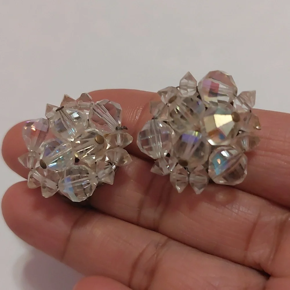 Vintage Germany AB Rhinestones Aurora Borealis Clip On Earrings - Picture 2 of 7
